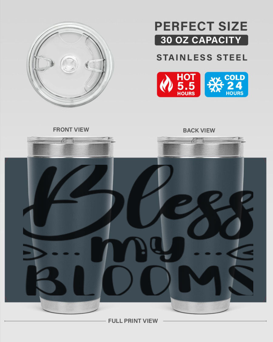 A stylish BLESS MY BLOOMS 20oz tumbler made of stainless steel with a vibrant floral design, featuring a drink-thru lid.