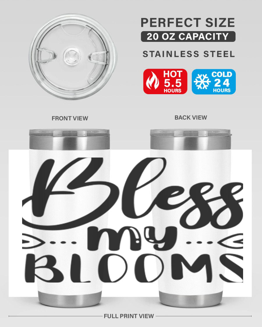 A stylish BLESS MY BLOOMS 20oz tumbler made of stainless steel with a vibrant floral design, featuring a drink-thru lid.