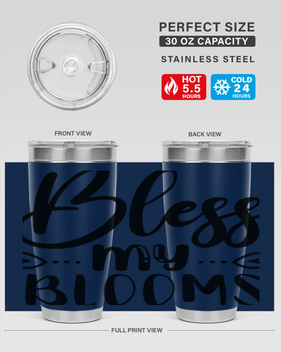 A stylish BLESS MY BLOOMS 20oz tumbler made of stainless steel with a vibrant floral design, featuring a drink-thru lid.