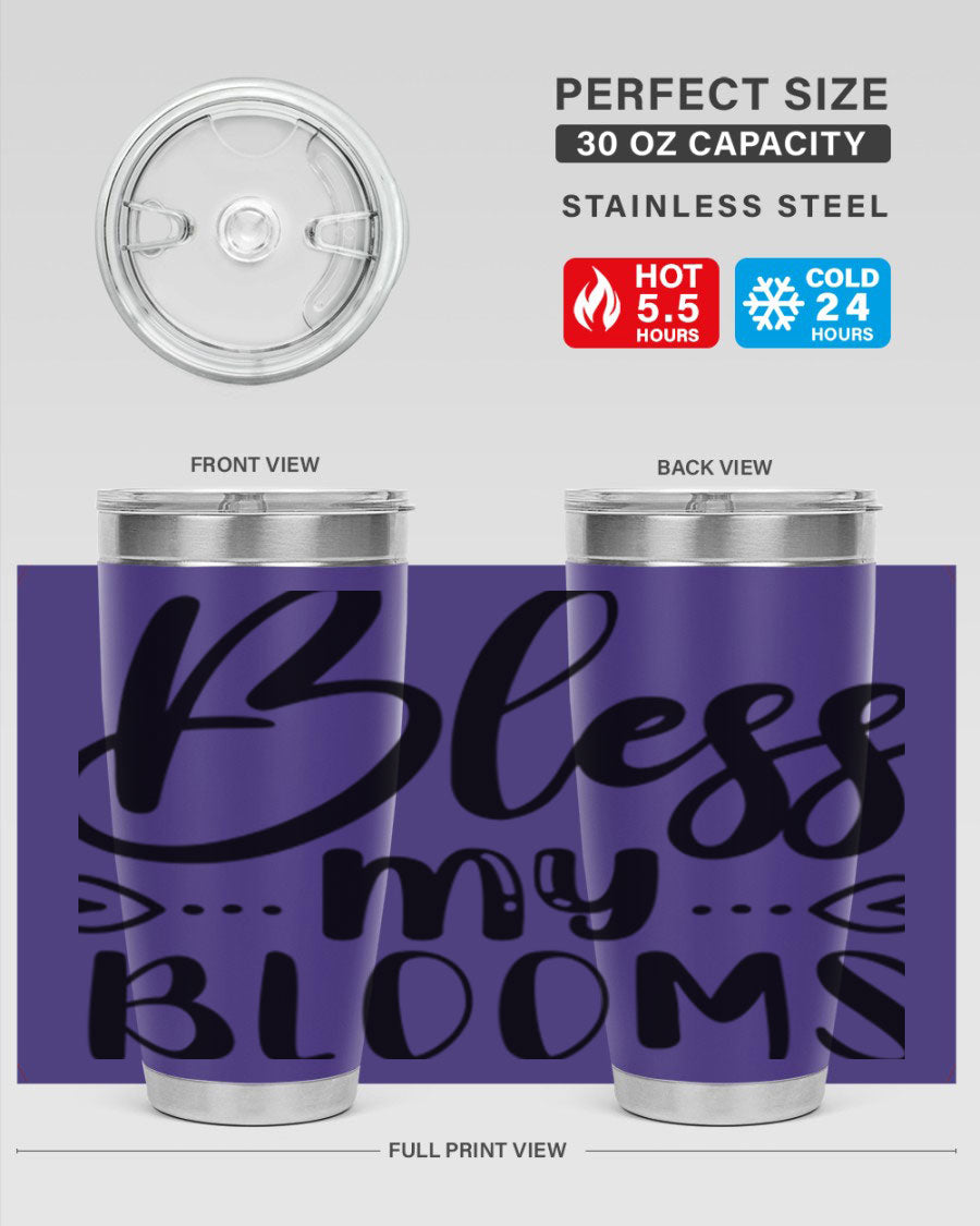 A stylish BLESS MY BLOOMS 20oz tumbler made of stainless steel with a vibrant floral design, featuring a drink-thru lid.