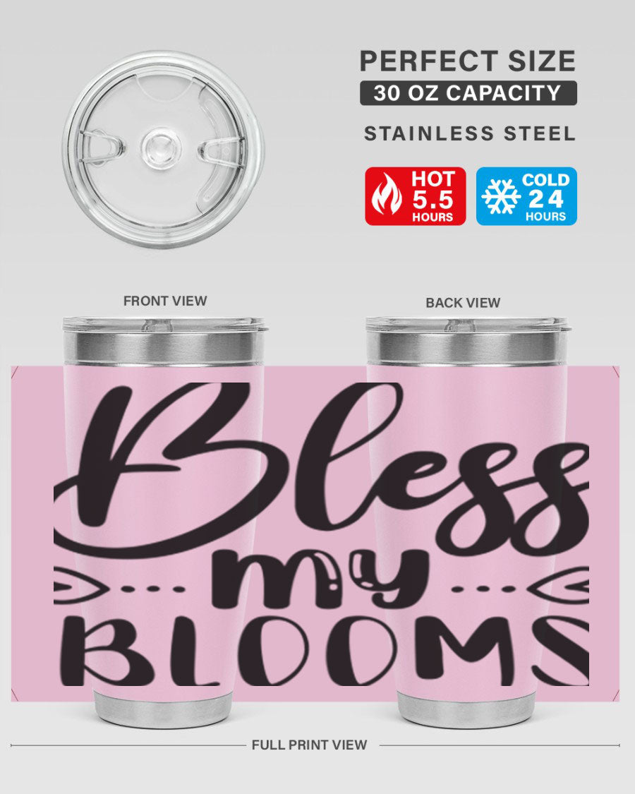 A stylish BLESS MY BLOOMS 20oz tumbler made of stainless steel with a vibrant floral design, featuring a drink-thru lid.