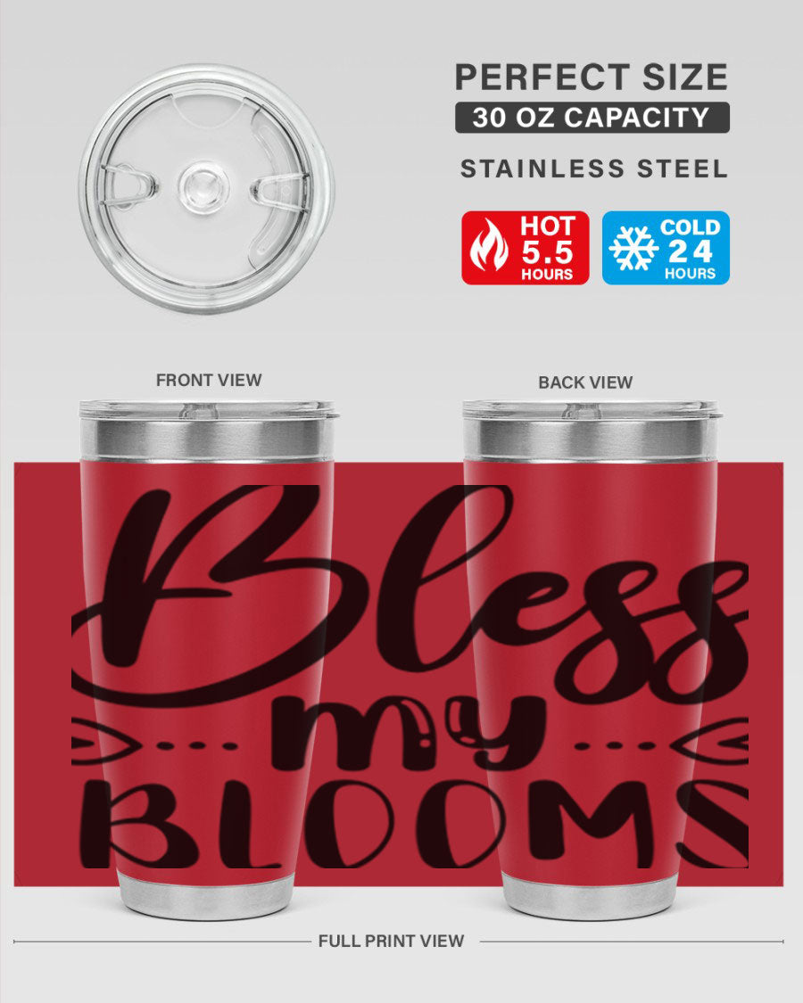 A stylish BLESS MY BLOOMS 20oz tumbler made of stainless steel with a vibrant floral design, featuring a drink-thru lid.