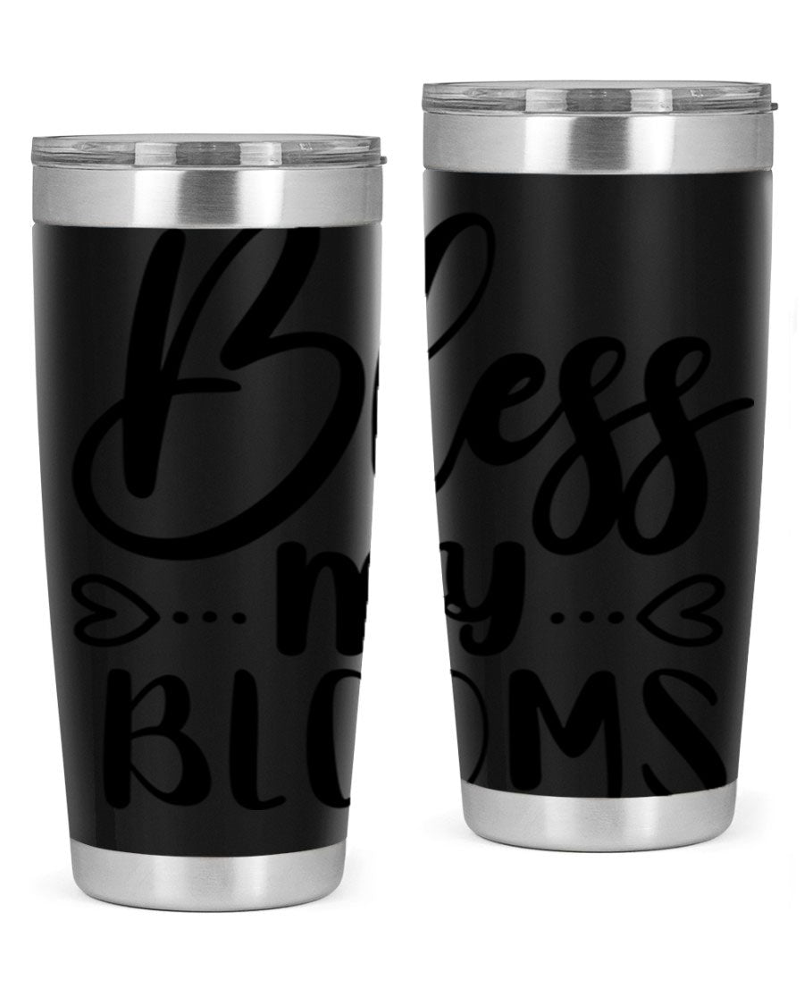 A stylish BLESS MY BLOOMS 20oz tumbler made of stainless steel with a vibrant floral design, featuring a drink-thru lid.