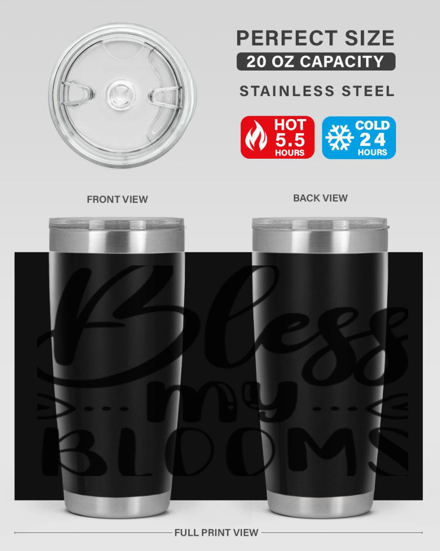 A stylish BLESS MY BLOOMS 20oz tumbler made of stainless steel with a vibrant floral design, featuring a drink-thru lid.