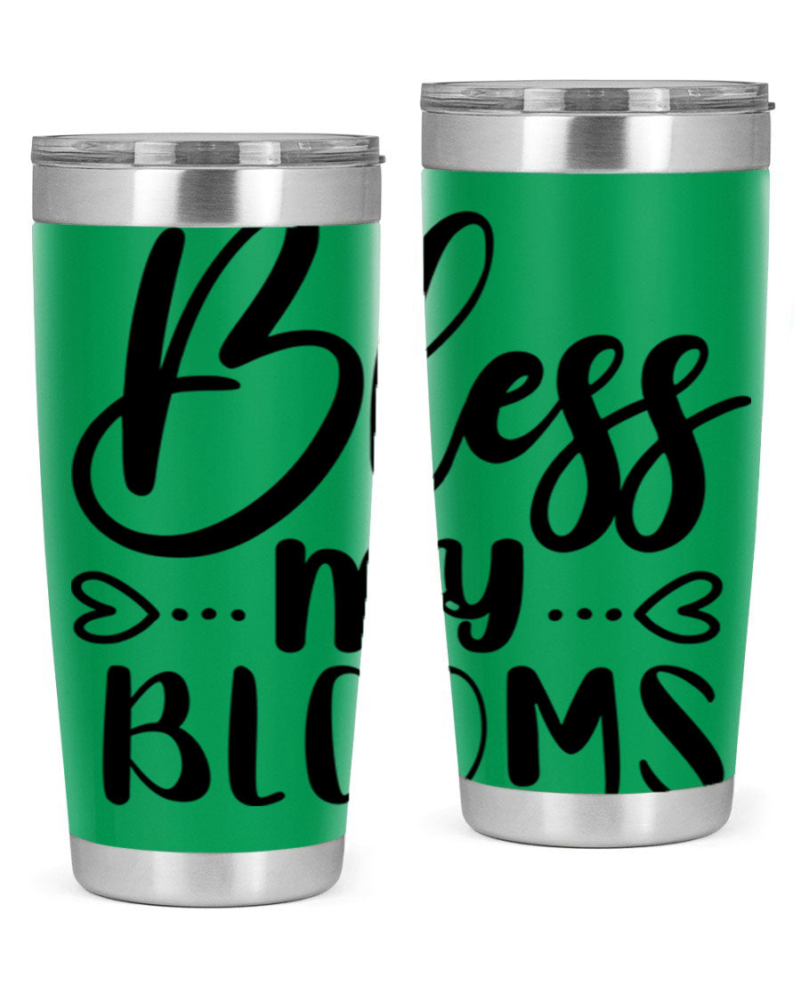 A stylish BLESS MY BLOOMS 20oz tumbler made of stainless steel with a vibrant floral design, featuring a drink-thru lid.