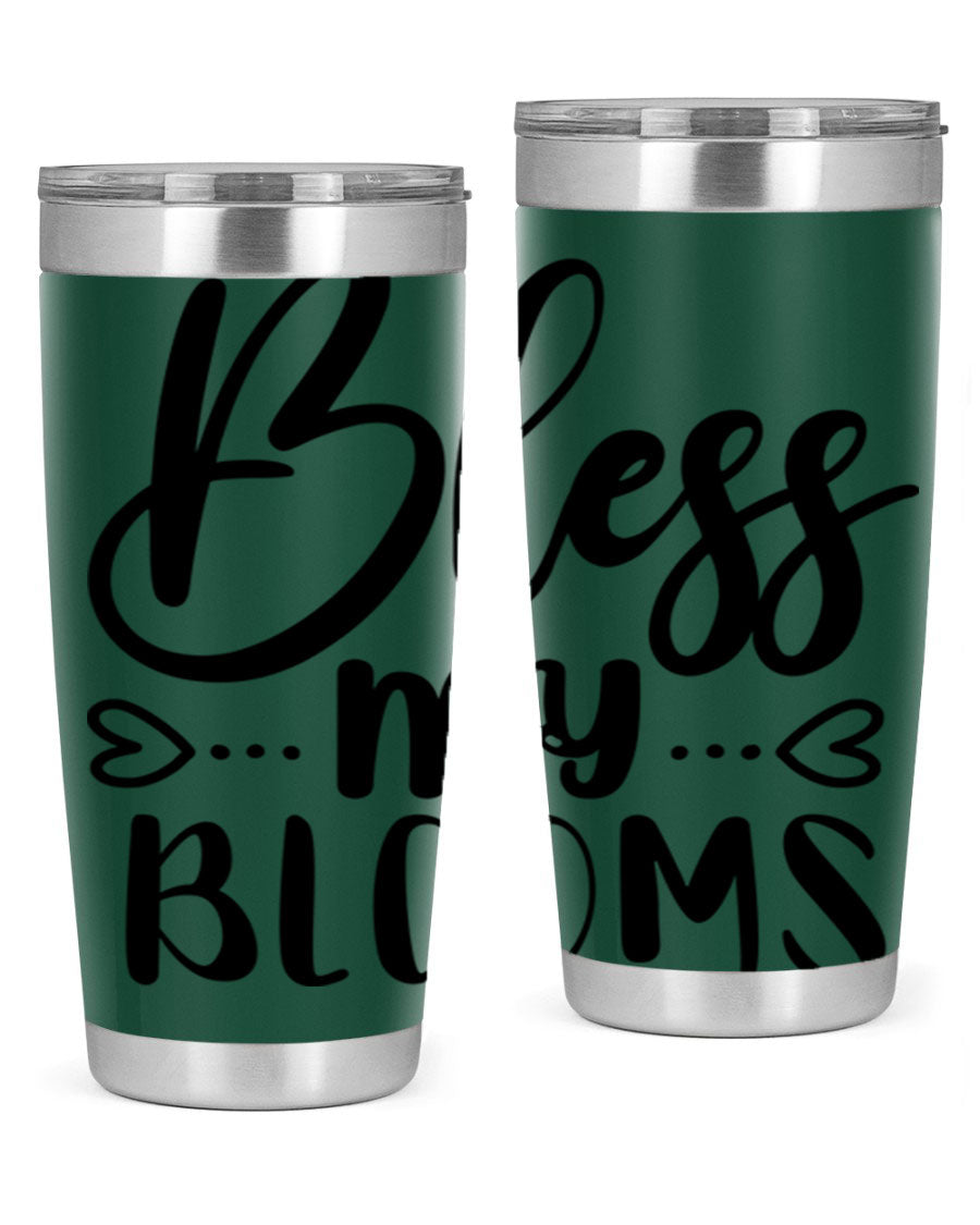 A stylish BLESS MY BLOOMS 20oz tumbler made of stainless steel with a vibrant floral design, featuring a drink-thru lid.