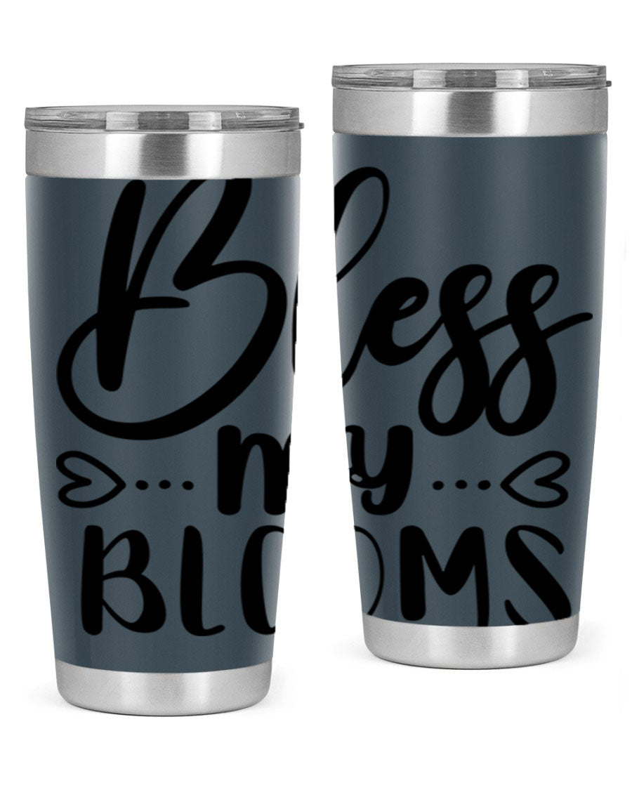 A stylish BLESS MY BLOOMS 20oz tumbler made of stainless steel with a vibrant floral design, featuring a drink-thru lid.