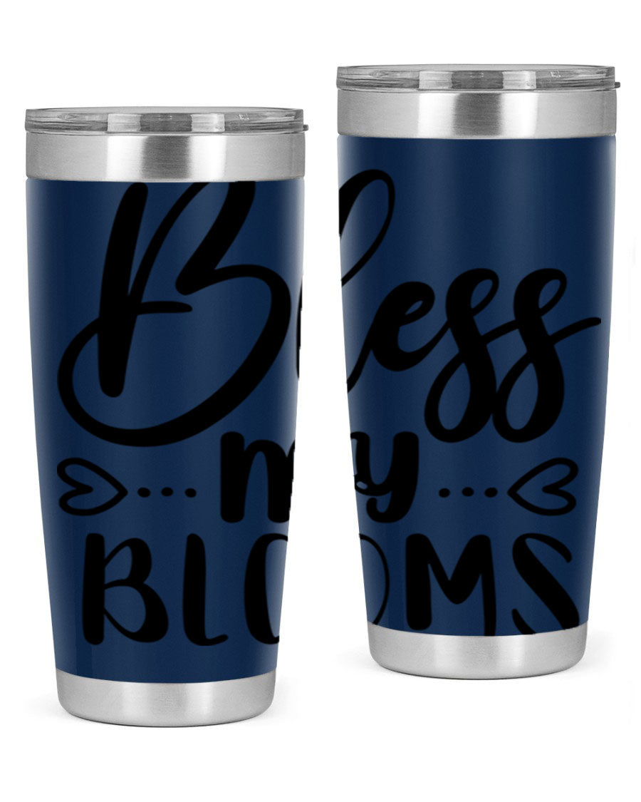 A stylish BLESS MY BLOOMS 20oz tumbler made of stainless steel with a vibrant floral design, featuring a drink-thru lid.