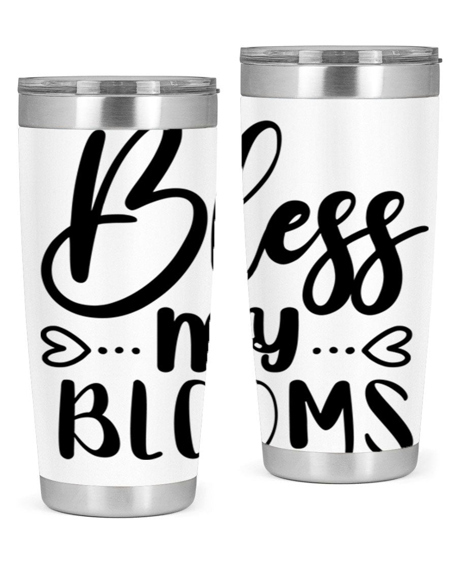 A stylish BLESS MY BLOOMS 20oz tumbler made of stainless steel with a vibrant floral design, featuring a drink-thru lid.