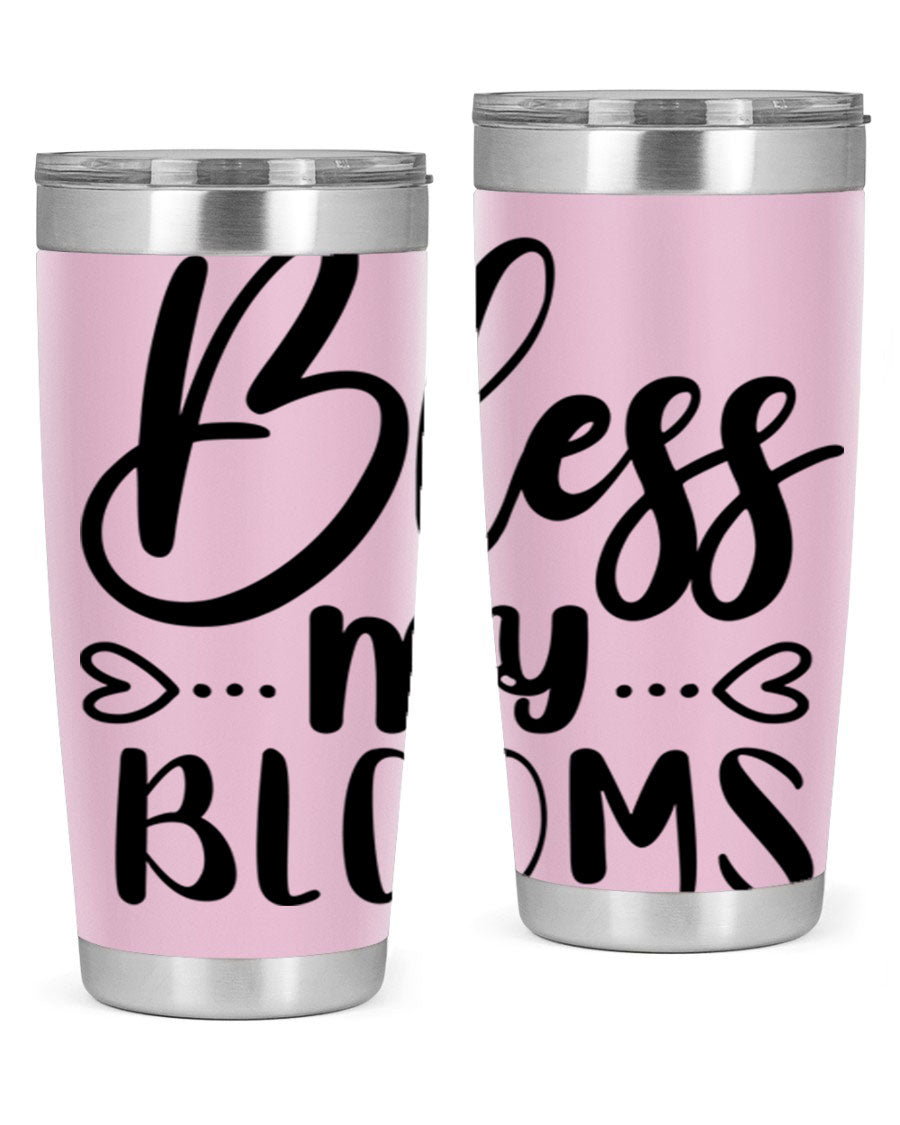 A stylish BLESS MY BLOOMS 20oz tumbler made of stainless steel with a vibrant floral design, featuring a drink-thru lid.