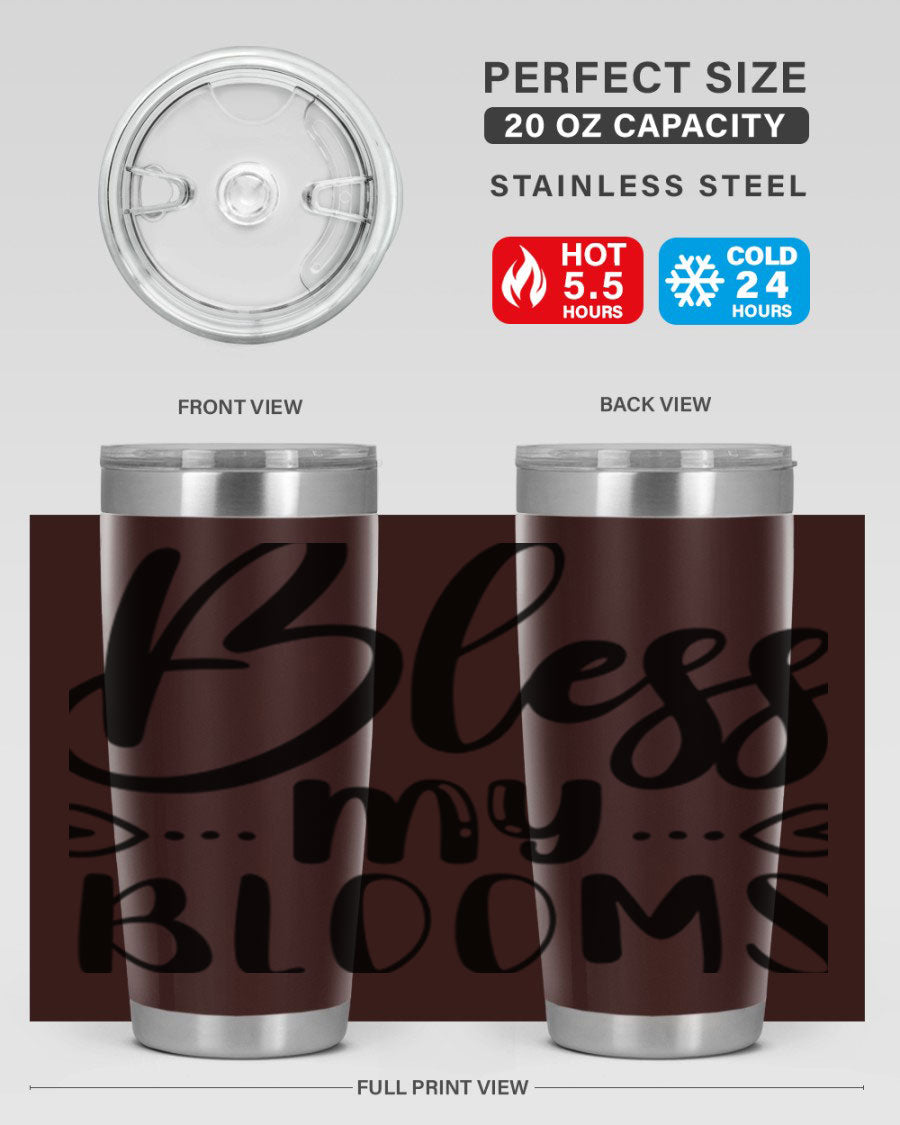 A stylish BLESS MY BLOOMS 20oz tumbler made of stainless steel with a vibrant floral design, featuring a drink-thru lid.