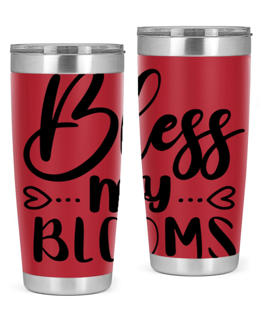 A stylish BLESS MY BLOOMS 20oz tumbler made of stainless steel with a vibrant floral design, featuring a drink-thru lid.