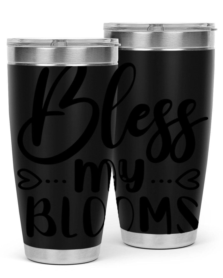 A stylish BLESS MY BLOOMS 20oz tumbler made of stainless steel with a vibrant floral design, featuring a drink-thru lid.