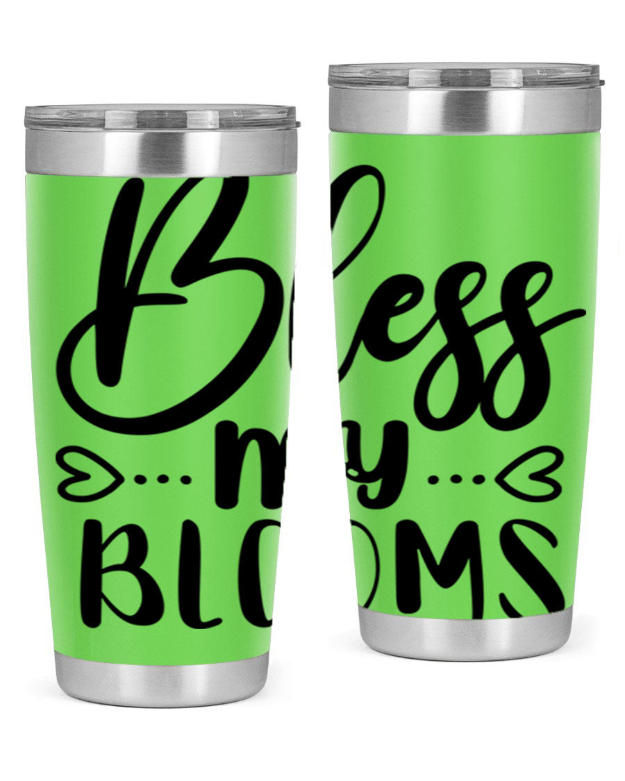 A stylish BLESS MY BLOOMS 20oz tumbler made of stainless steel with a vibrant floral design, featuring a drink-thru lid.