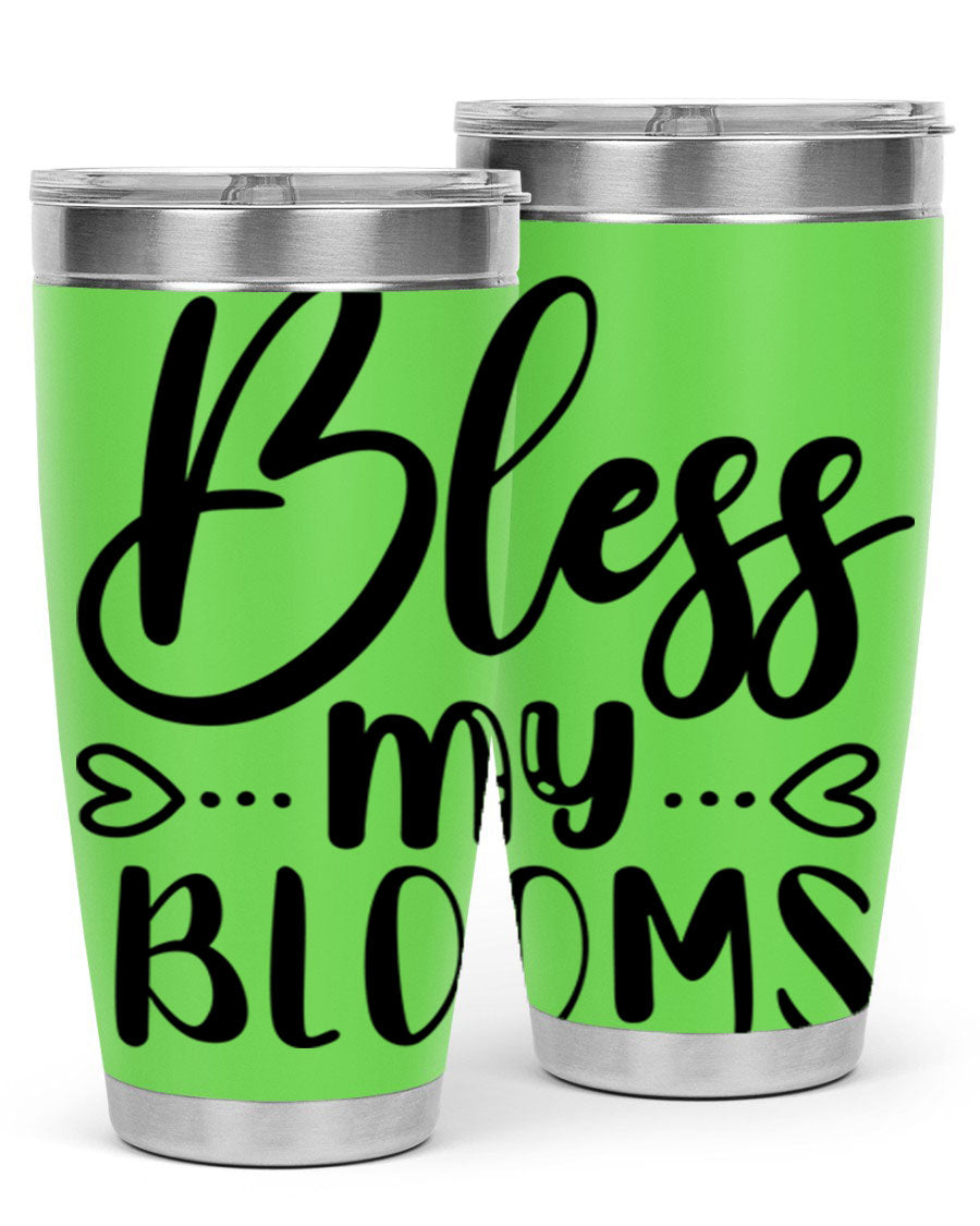 A stylish BLESS MY BLOOMS 20oz tumbler made of stainless steel with a vibrant floral design, featuring a drink-thru lid.