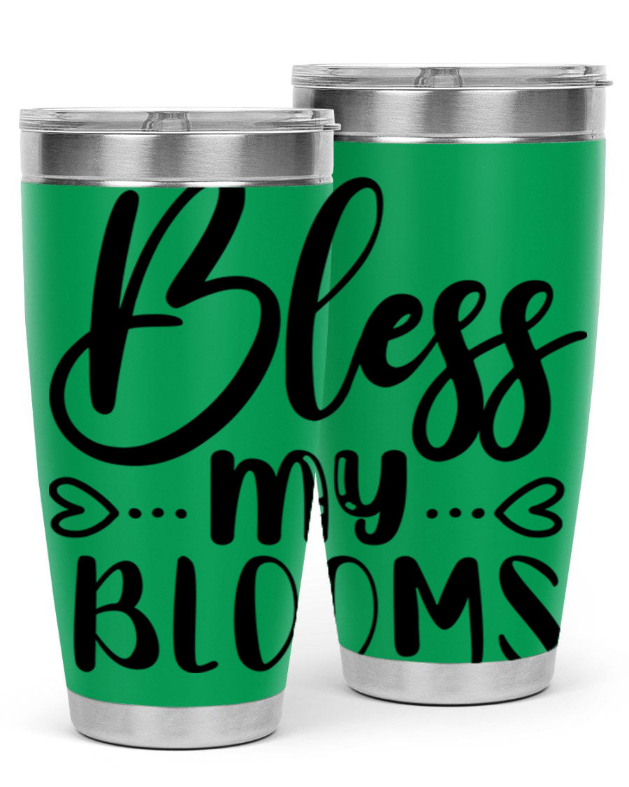 A stylish BLESS MY BLOOMS 20oz tumbler made of stainless steel with a vibrant floral design, featuring a drink-thru lid.