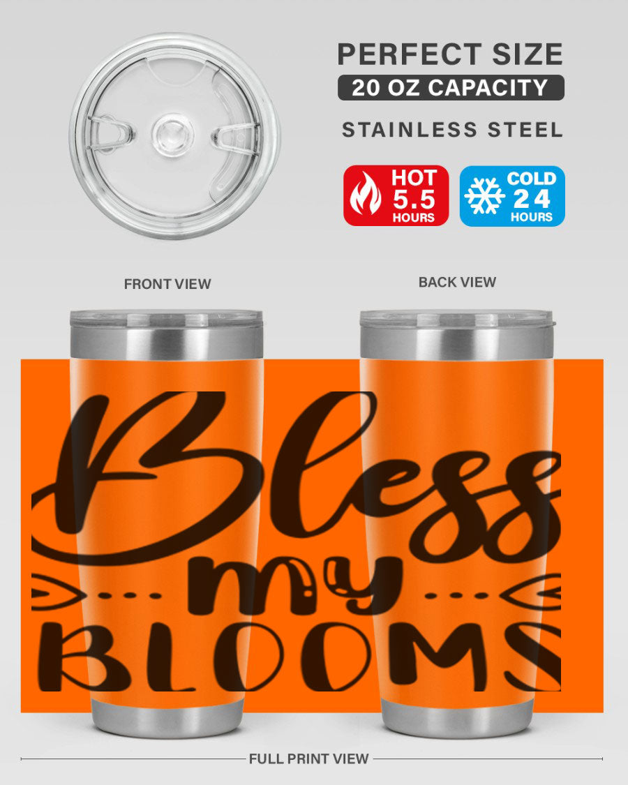 A stylish BLESS MY BLOOMS 20oz tumbler made of stainless steel with a vibrant floral design, featuring a drink-thru lid.