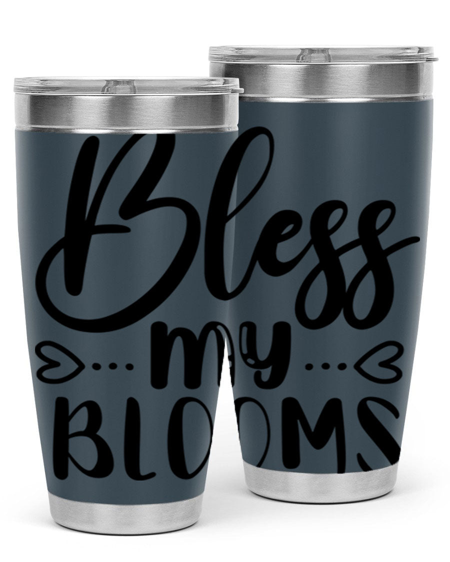 A stylish BLESS MY BLOOMS 20oz tumbler made of stainless steel with a vibrant floral design, featuring a drink-thru lid.