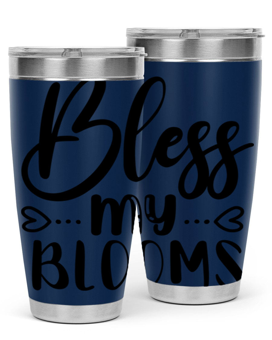 A stylish BLESS MY BLOOMS 20oz tumbler made of stainless steel with a vibrant floral design, featuring a drink-thru lid.