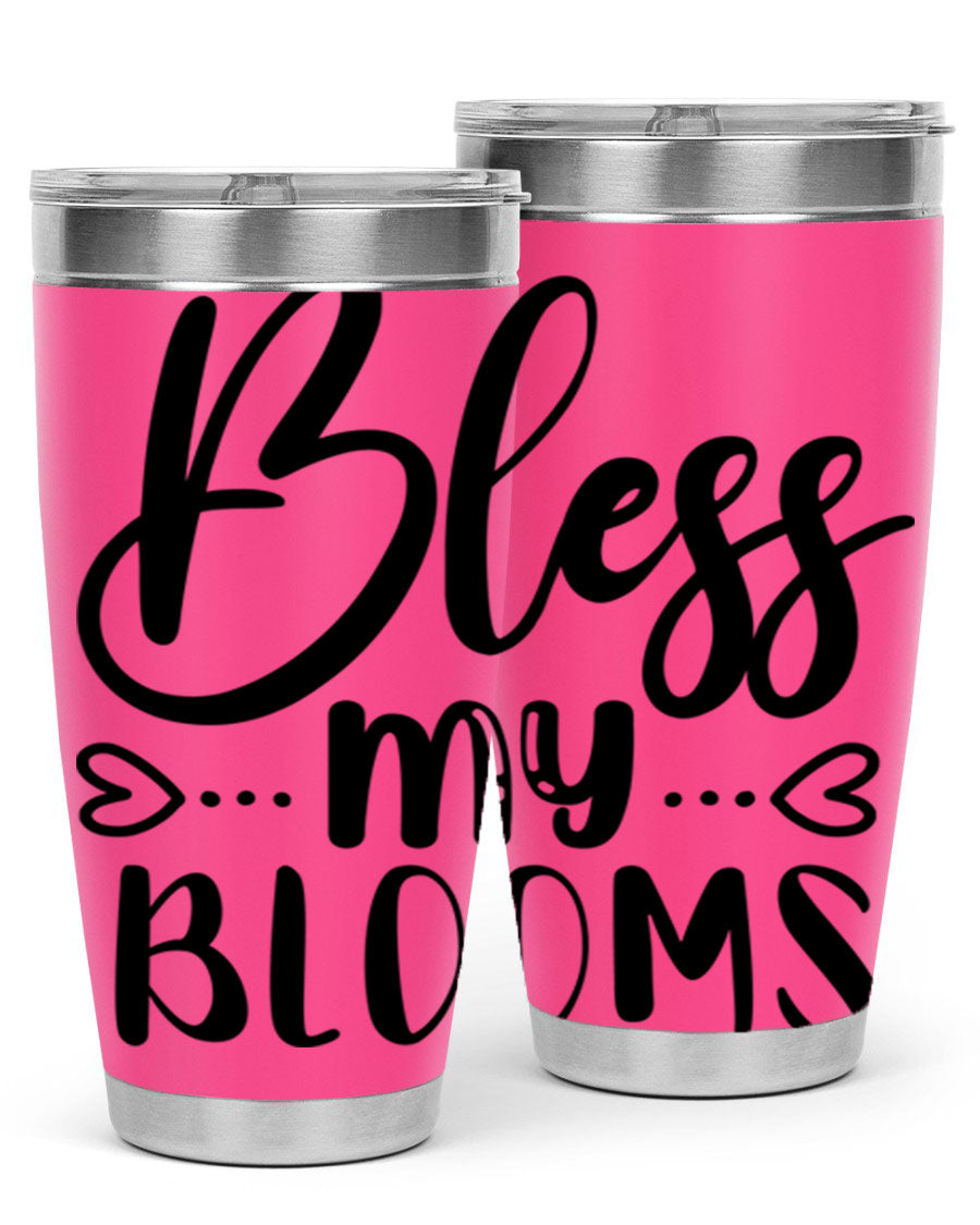 A stylish BLESS MY BLOOMS 20oz tumbler made of stainless steel with a vibrant floral design, featuring a drink-thru lid.