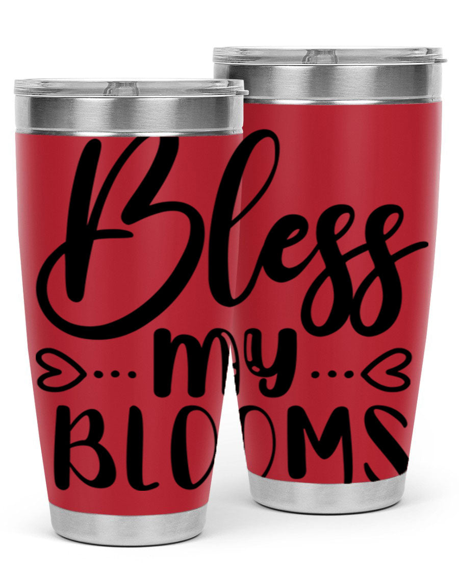 A stylish BLESS MY BLOOMS 20oz tumbler made of stainless steel with a vibrant floral design, featuring a drink-thru lid.