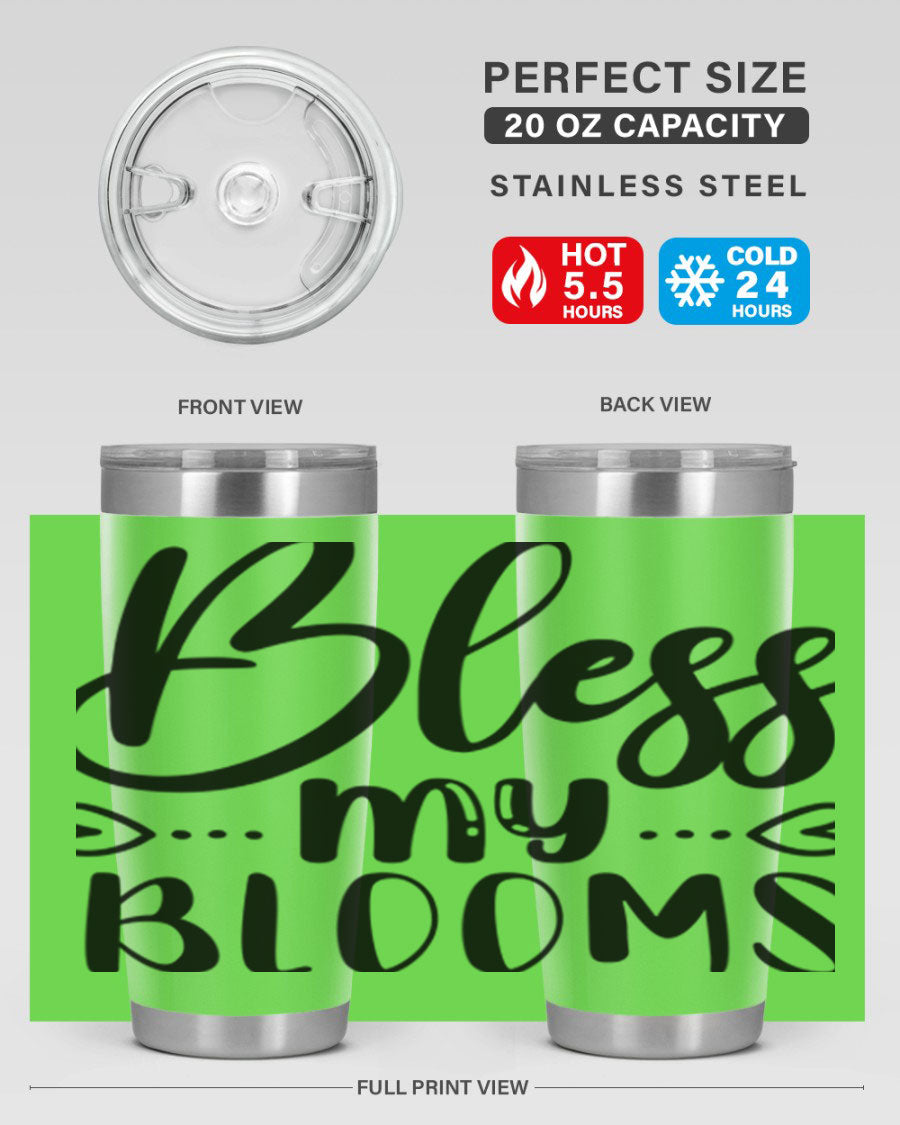 A stylish BLESS MY BLOOMS 20oz tumbler made of stainless steel with a vibrant floral design, featuring a drink-thru lid.