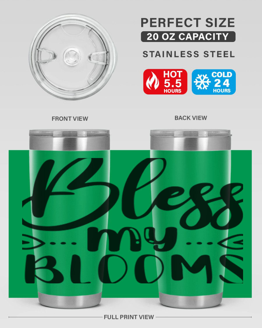 A stylish BLESS MY BLOOMS 20oz tumbler made of stainless steel with a vibrant floral design, featuring a drink-thru lid.