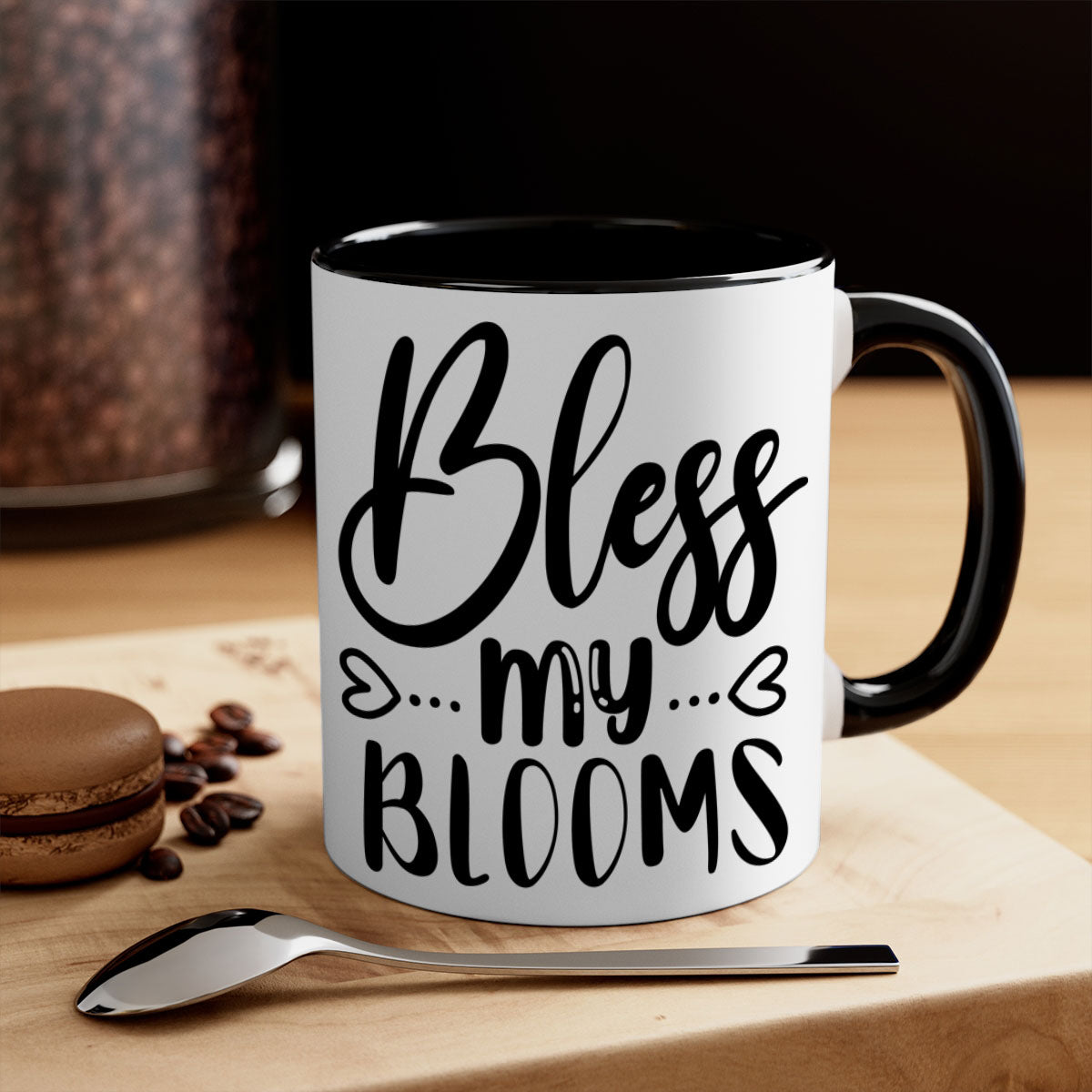 A stylish BLESS MY BLOOMS ceramic mug with a glossy finish, featuring a colored handle and interior, available in multiple colors.