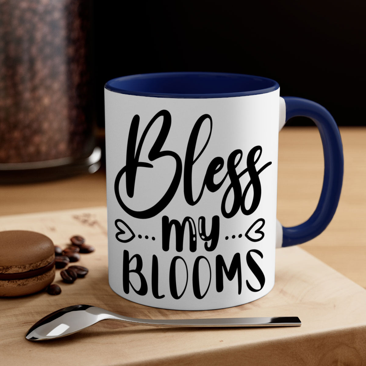 A stylish BLESS MY BLOOMS ceramic mug with a glossy finish, featuring a colored handle and interior, available in multiple colors.