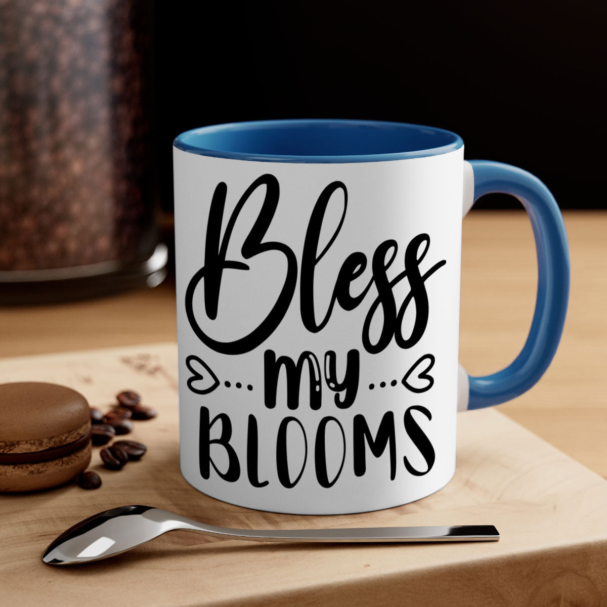 A stylish BLESS MY BLOOMS ceramic mug with a glossy finish, featuring a colored handle and interior, available in multiple colors.