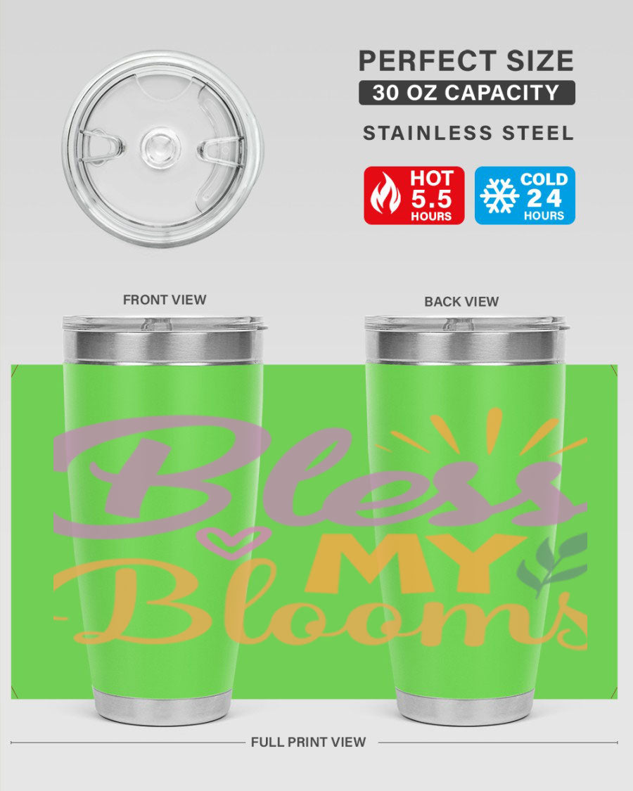 Bless My Blooms 20oz tumbler in stainless steel with floral design, featuring a drink-thru lid.