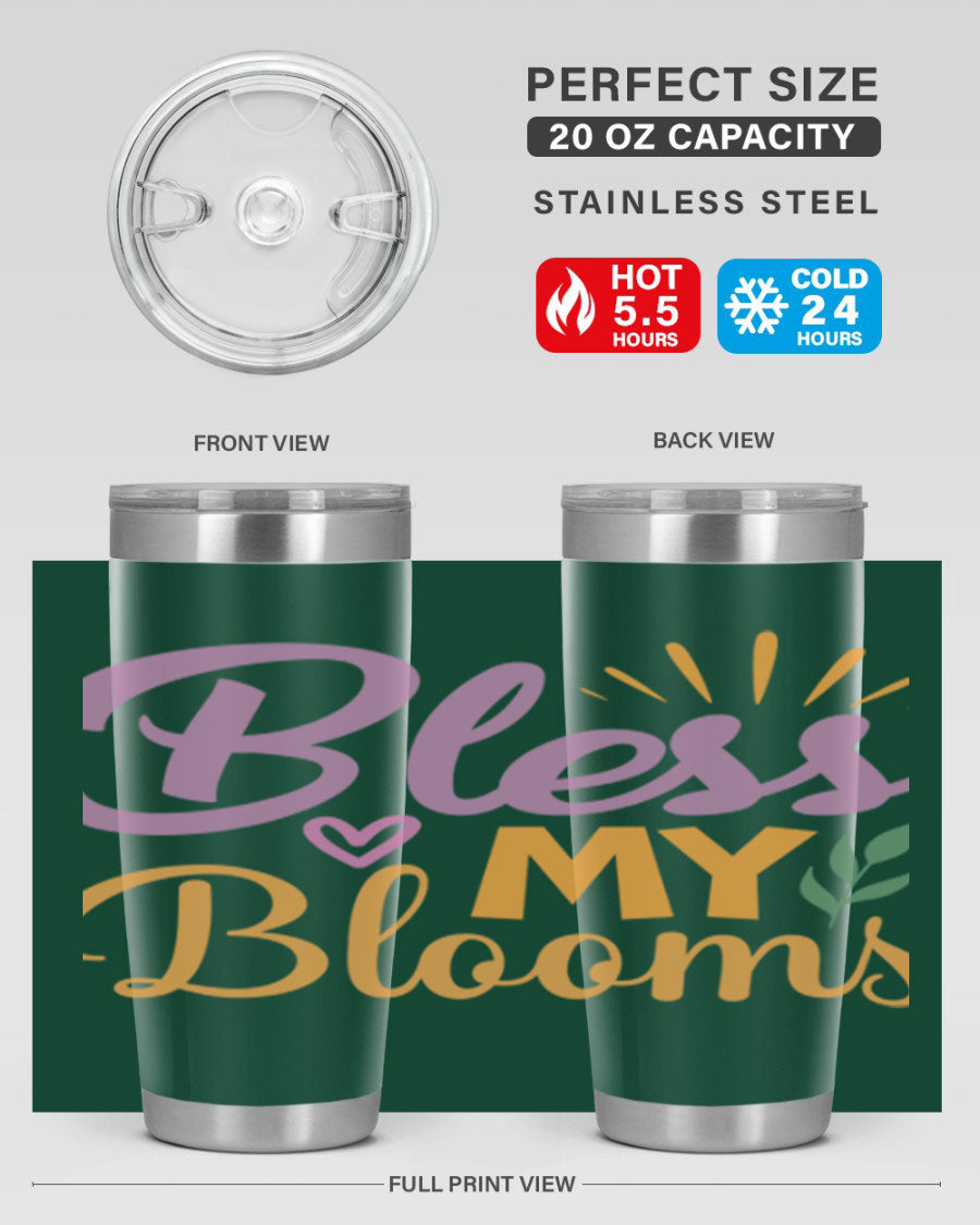 Bless My Blooms 20oz tumbler in stainless steel with floral design, featuring a drink-thru lid.