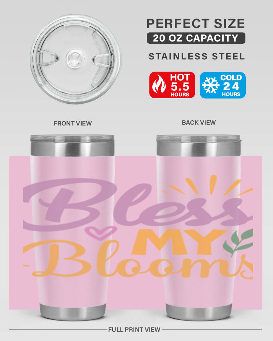 Bless My Blooms 20oz tumbler in stainless steel with floral design, featuring a drink-thru lid.