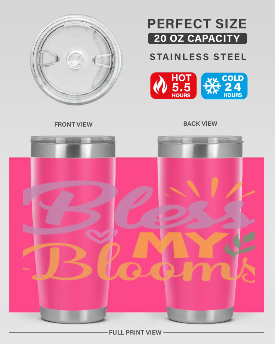 Bless My Blooms 20oz tumbler in stainless steel with floral design, featuring a drink-thru lid.