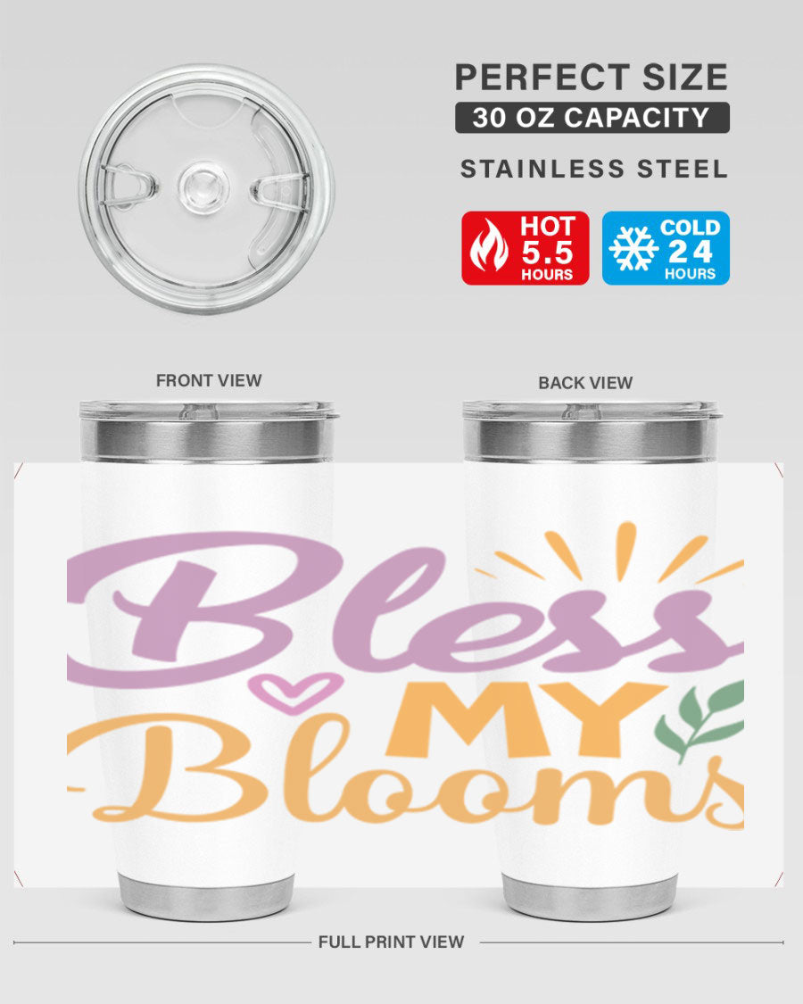 Bless My Blooms 20oz tumbler in stainless steel with floral design, featuring a drink-thru lid.