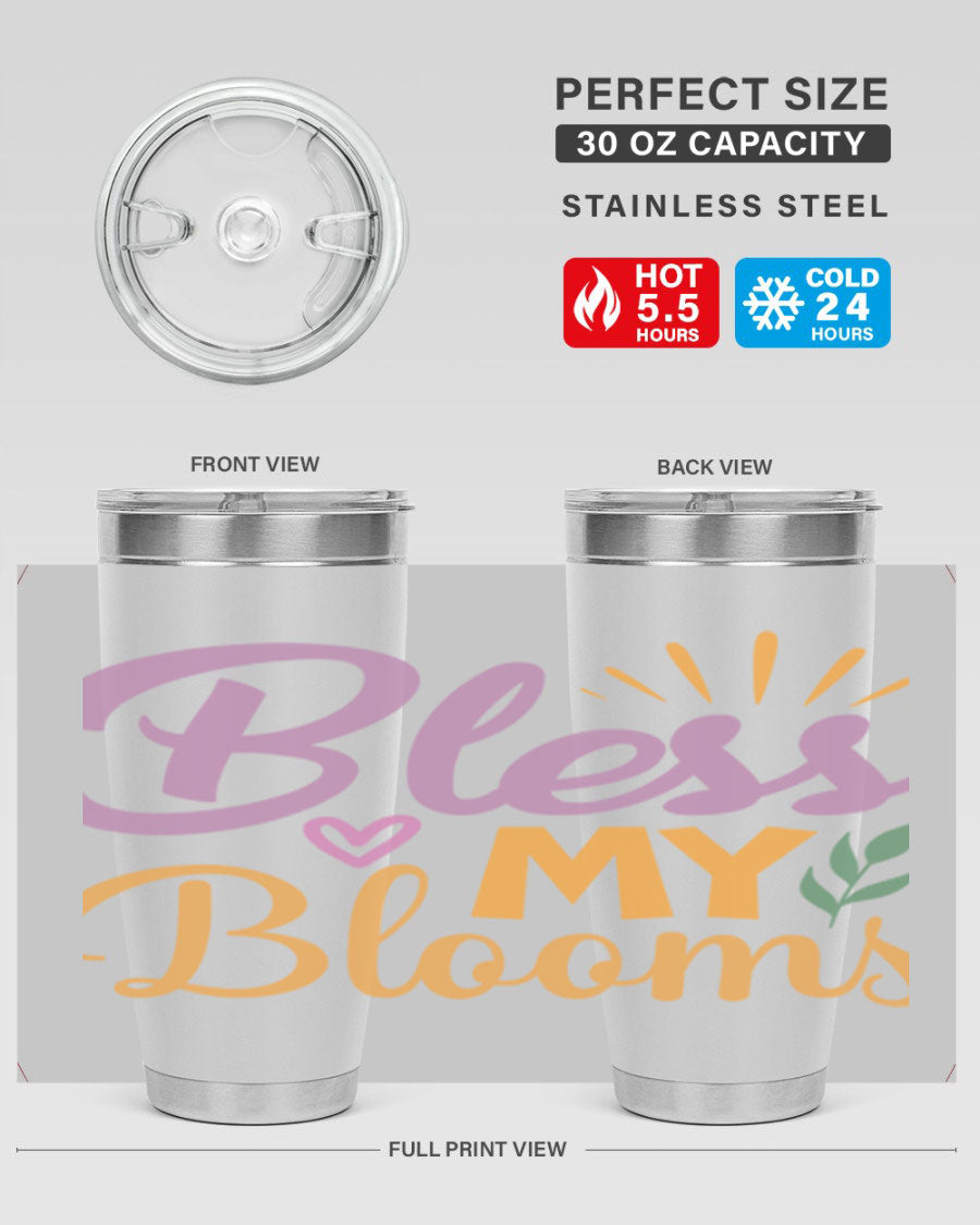 Bless My Blooms 20oz tumbler in stainless steel with floral design, featuring a drink-thru lid.