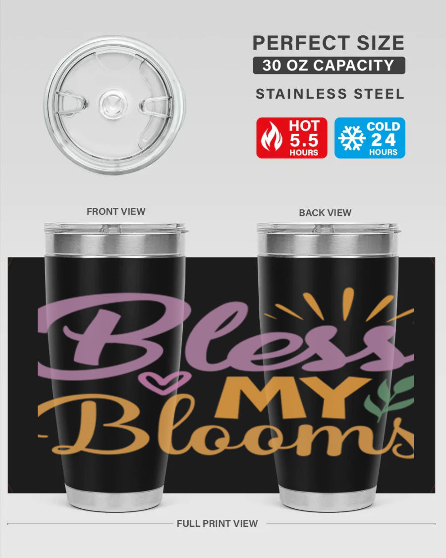 Bless My Blooms 20oz tumbler in stainless steel with floral design, featuring a drink-thru lid.