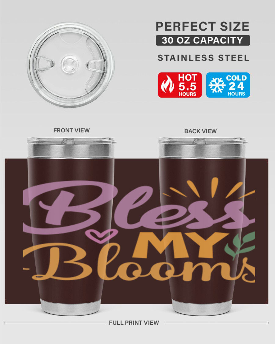 Bless My Blooms 20oz tumbler in stainless steel with floral design, featuring a drink-thru lid.