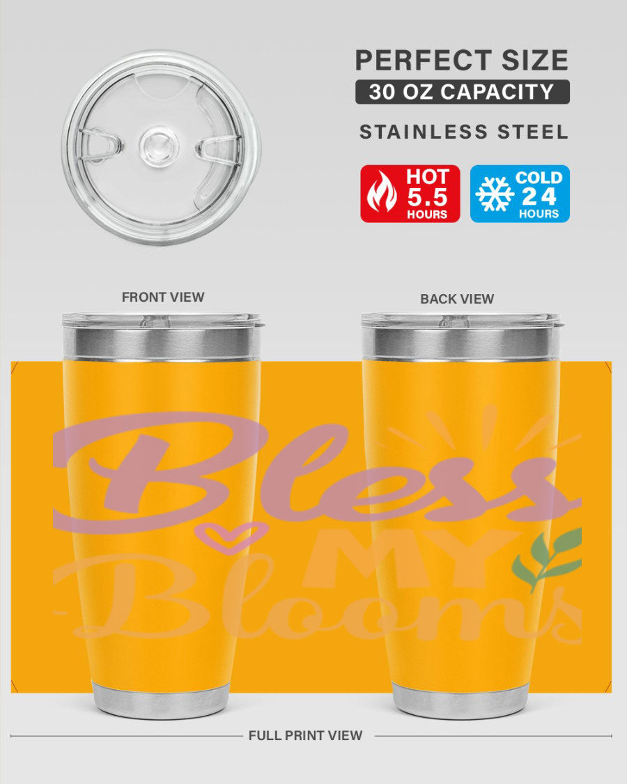 Bless My Blooms 20oz tumbler in stainless steel with floral design, featuring a drink-thru lid.