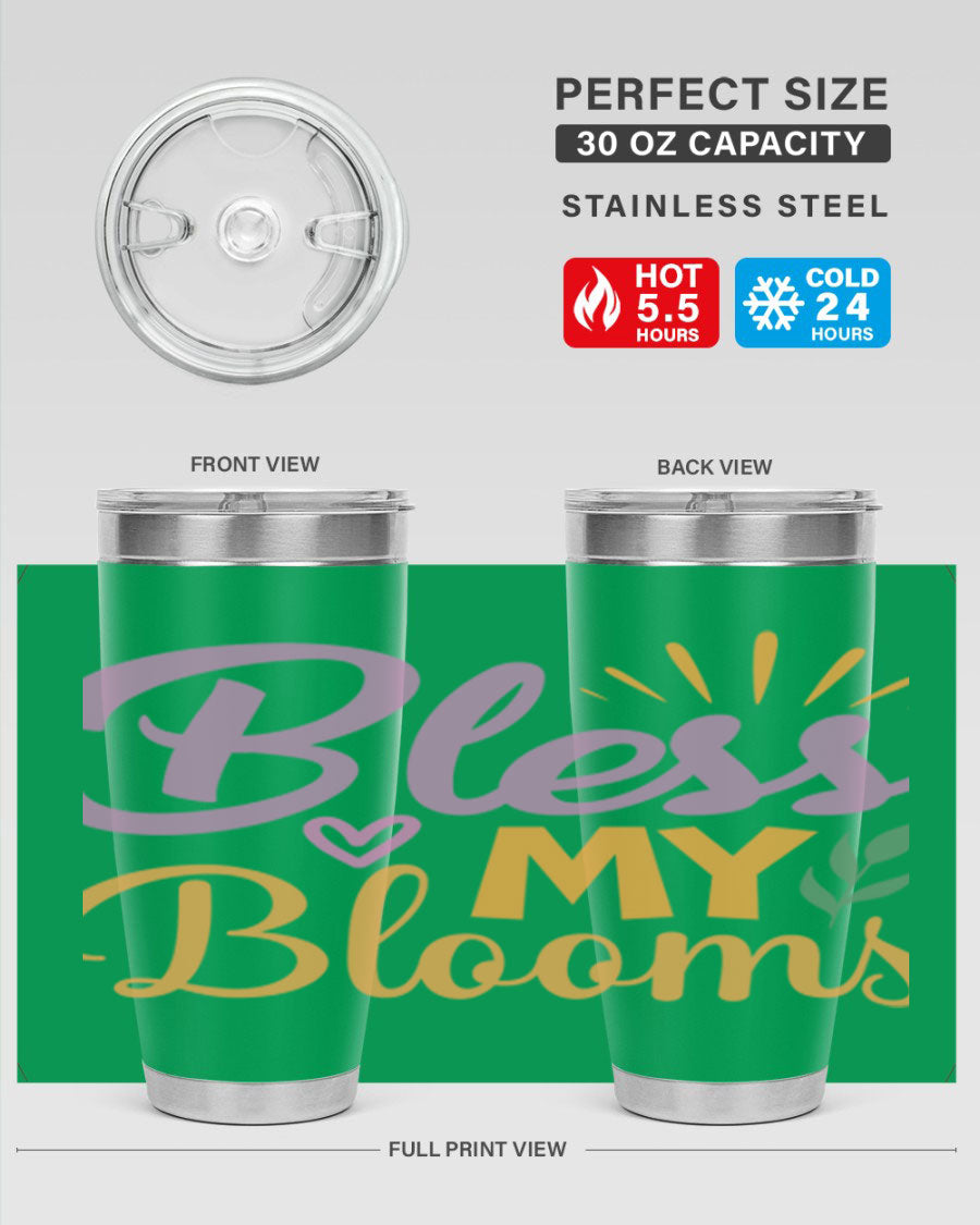 Bless My Blooms 20oz tumbler in stainless steel with floral design, featuring a drink-thru lid.