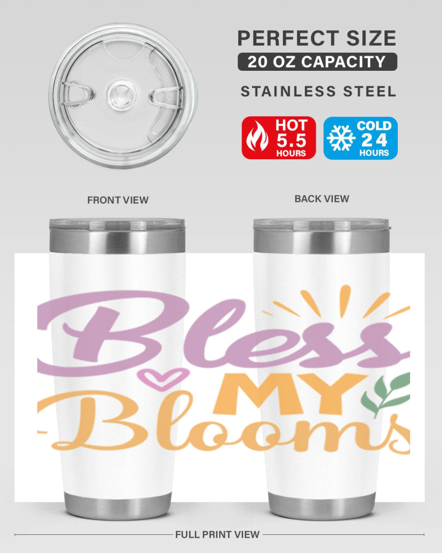 Bless My Blooms 20oz tumbler in stainless steel with floral design, featuring a drink-thru lid.