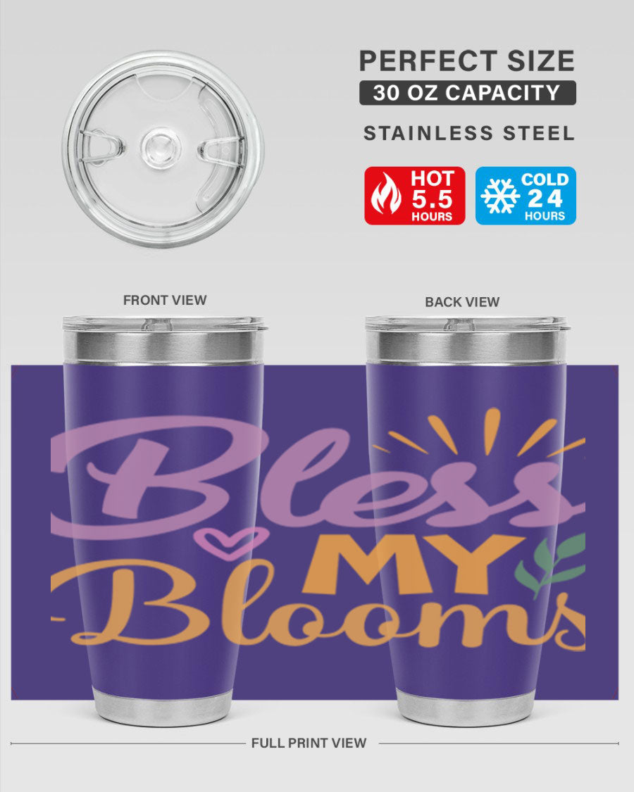 Bless My Blooms 20oz tumbler in stainless steel with floral design, featuring a drink-thru lid.