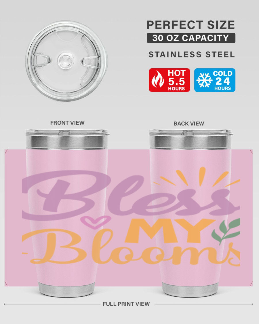 Bless My Blooms 20oz tumbler in stainless steel with floral design, featuring a drink-thru lid.