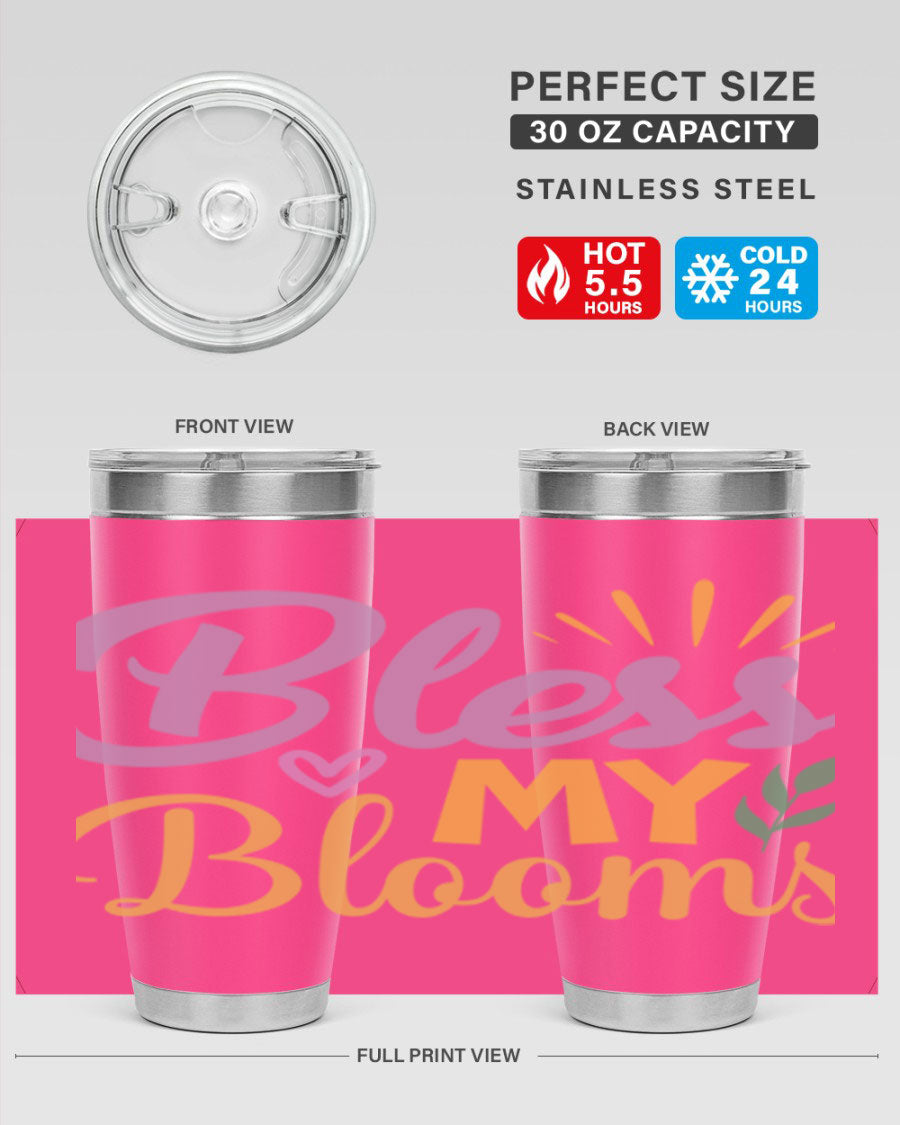 Bless My Blooms 20oz tumbler in stainless steel with floral design, featuring a drink-thru lid.