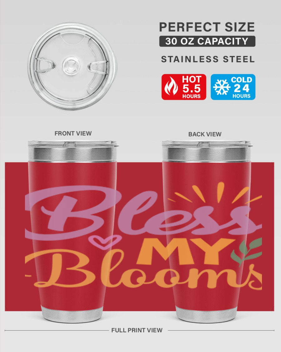 Bless My Blooms 20oz tumbler in stainless steel with floral design, featuring a drink-thru lid.