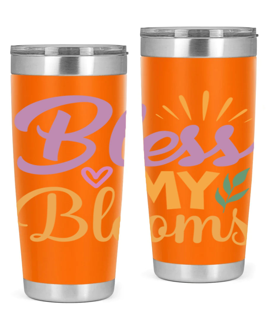 Bless My Blooms 20oz tumbler in stainless steel with floral design, featuring a drink-thru lid.