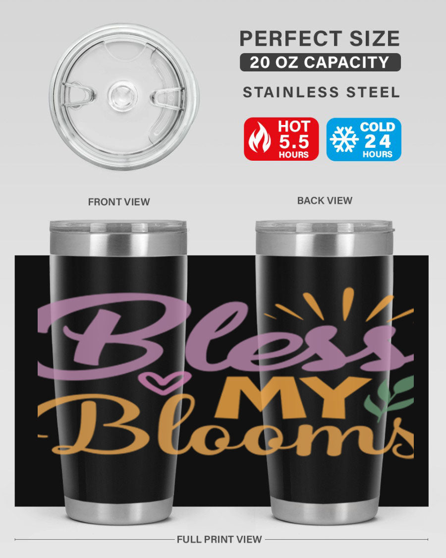 Bless My Blooms 20oz tumbler in stainless steel with floral design, featuring a drink-thru lid.