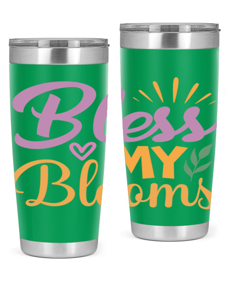 Bless My Blooms 20oz tumbler in stainless steel with floral design, featuring a drink-thru lid.