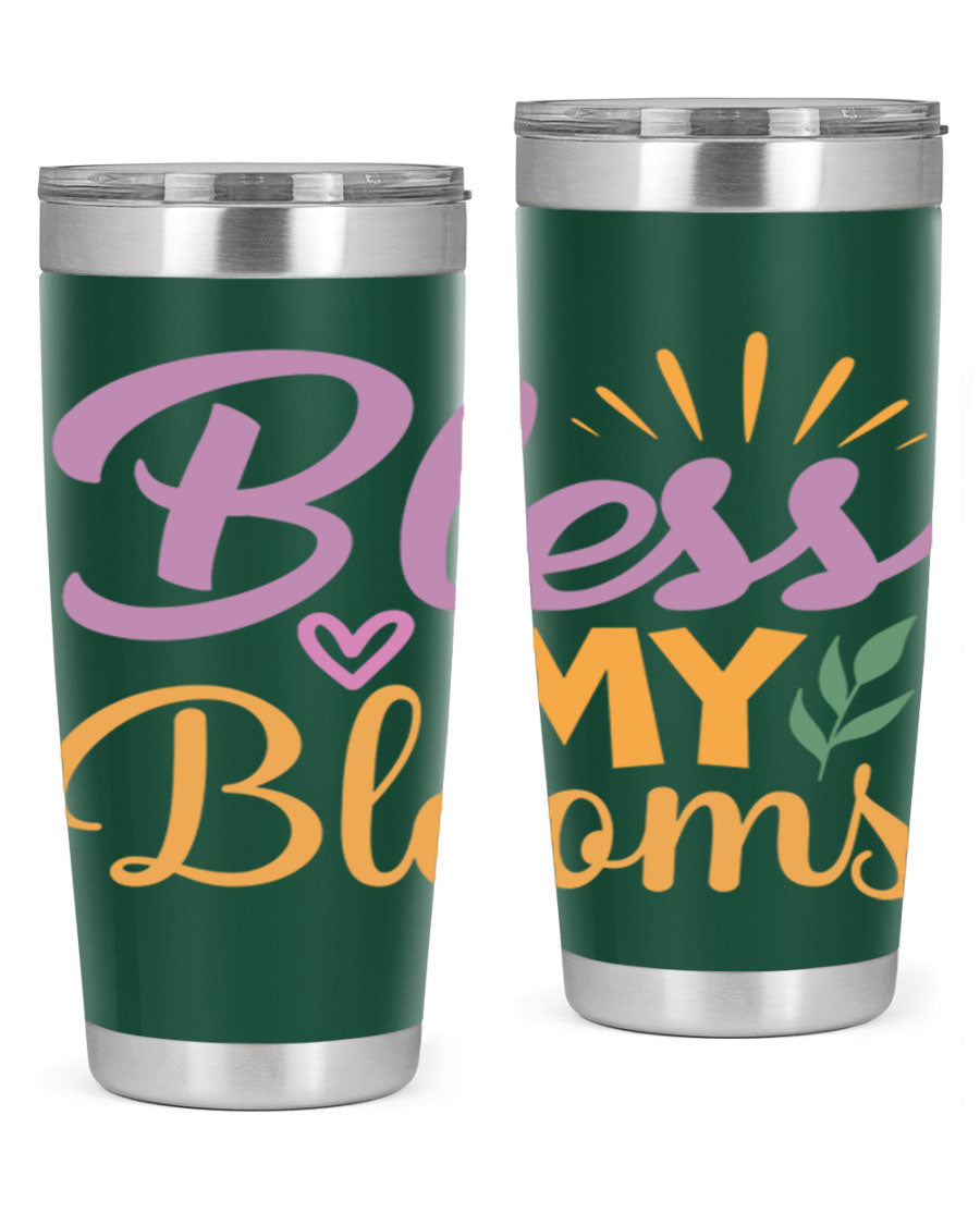 Bless My Blooms 20oz tumbler in stainless steel with floral design, featuring a drink-thru lid.