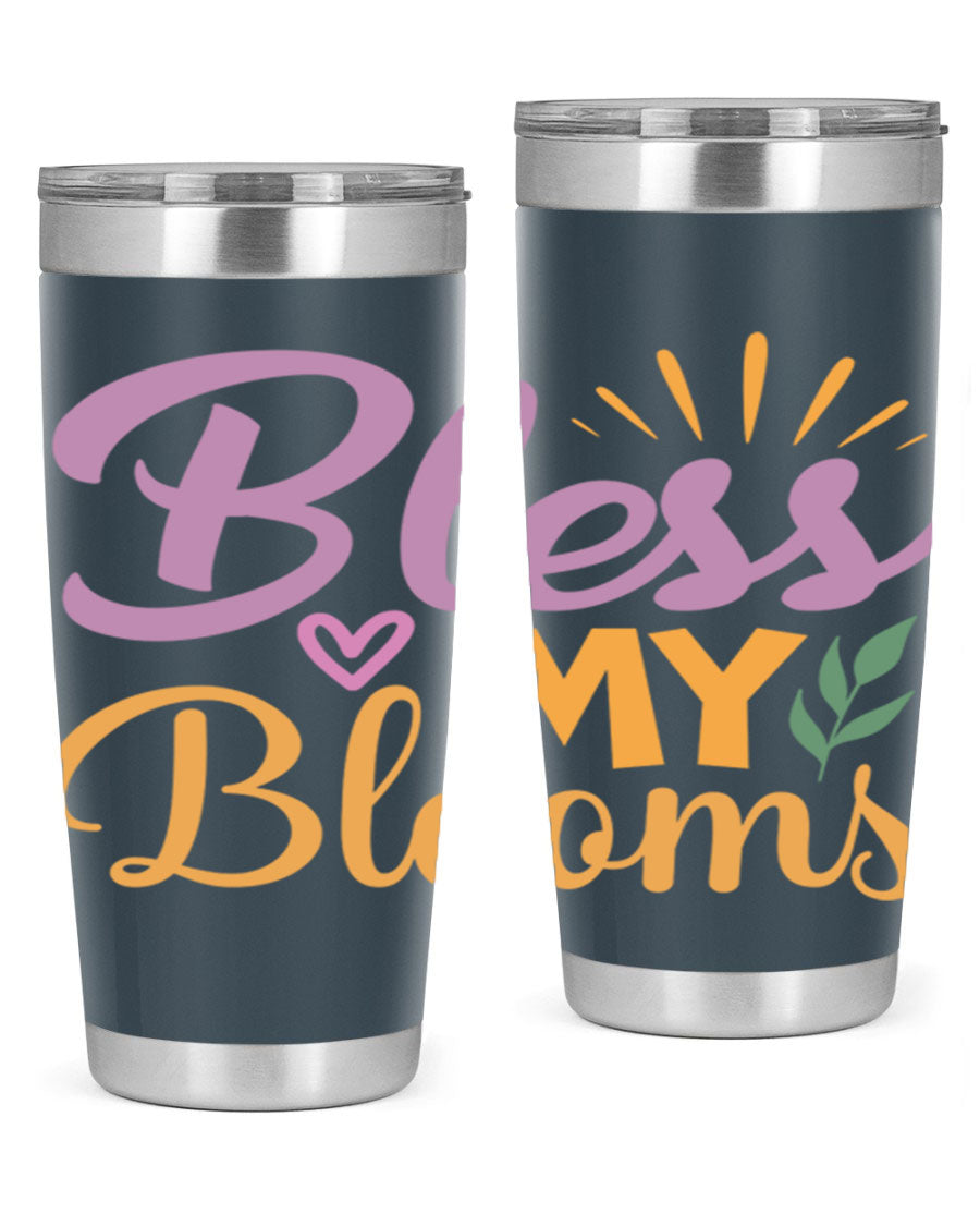 Bless My Blooms 20oz tumbler in stainless steel with floral design, featuring a drink-thru lid.